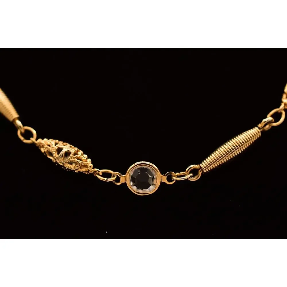 Vintage Crystal Open Bezel Chain Necklace Gold Tone Linked Shiny 1980s BinBE
